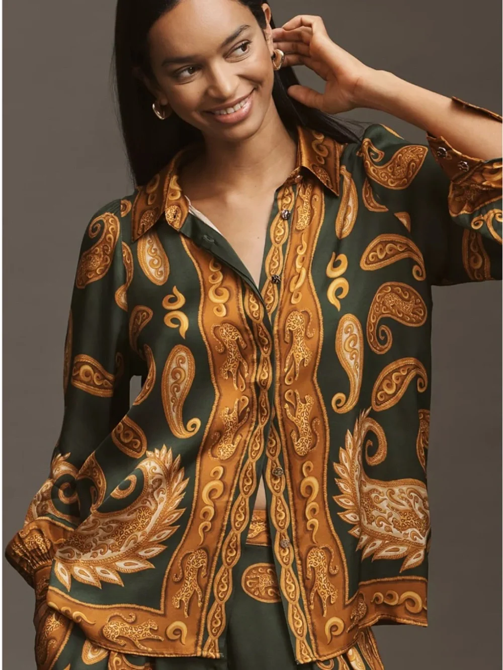 FARM Rio x Anthropologie Gold and Green Paisley Silk Blouse Size XXS NWT